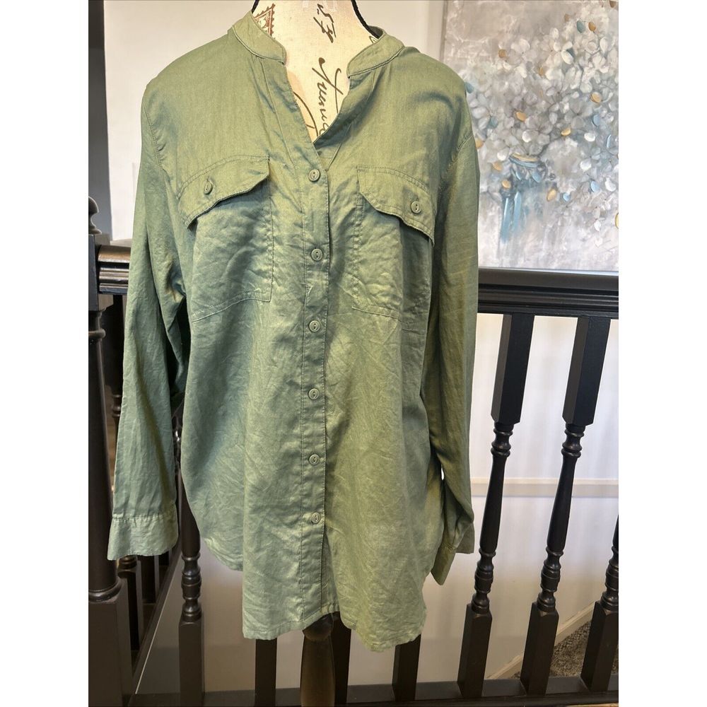 St John's Bay Shirt Women's 0X‎ Green Cotton Button Down